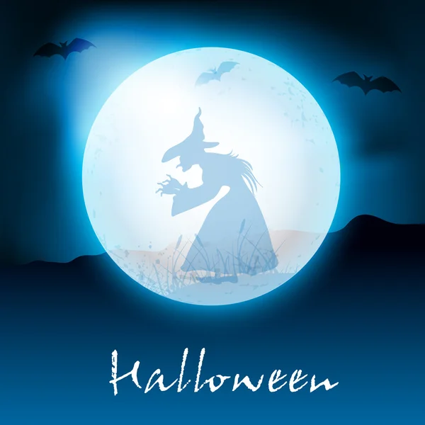 Cadı silthouette Moon ile Halloween gece arka plan. e — Stok Vektör