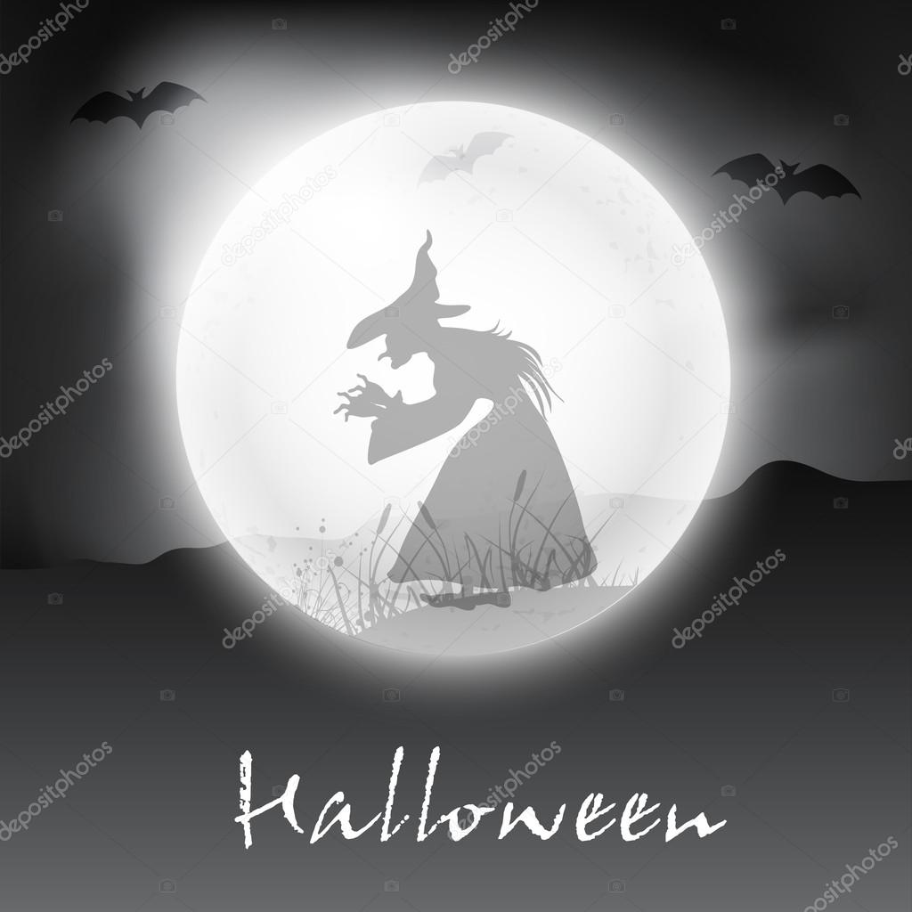 Halloween night background with witch silthouette in the moon. E