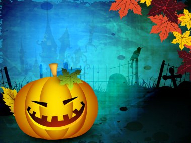 Cadılar Bayramı balkabağı, güz yapraklı, pasaklı bir sırtta. EPS 10