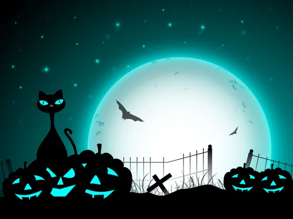 Halloween night background with black cat and scary pumpkins. EP — Stock Vector