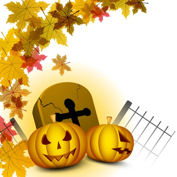 Fundo de Halloween com abóbora assustadora, pedra grave e outono — Vetor de Stock