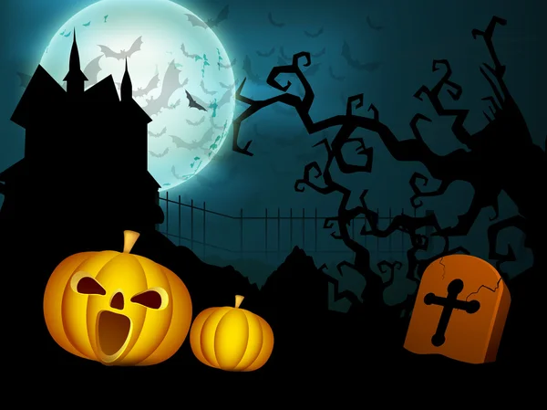 Espeluznante noche de Halloween fondo con calabazas de miedo, h embrujada — Vector de stock