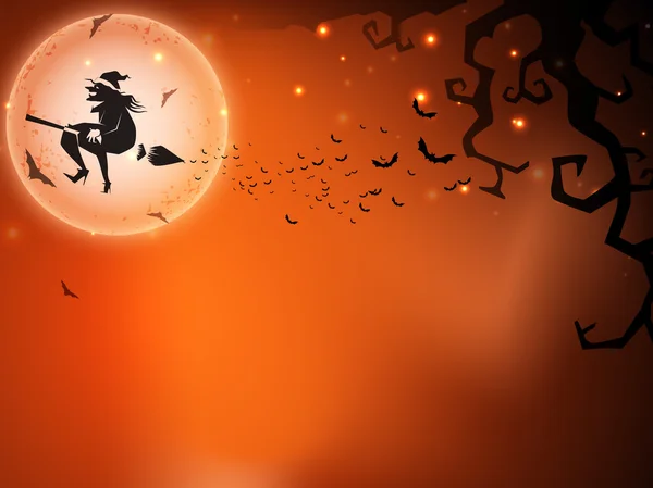 Halloween-Nacht Hintergrund mit fliegender Hexe Silthouette auf broo — Stockvektor