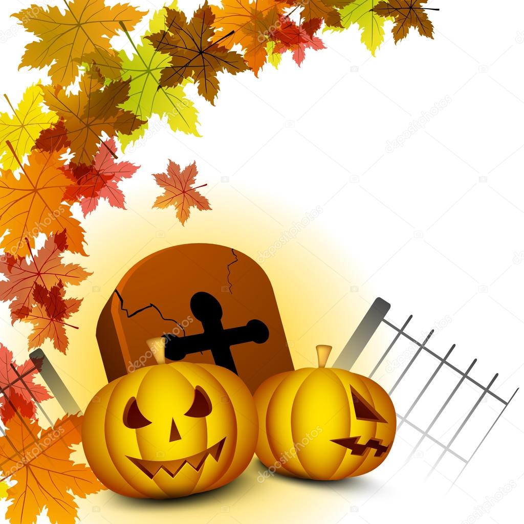 Halloween background with scary pumpkin, grave stone and autumn