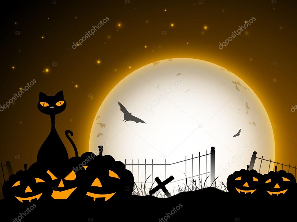 Halloween night background with black cat and scary pumpkins. EP