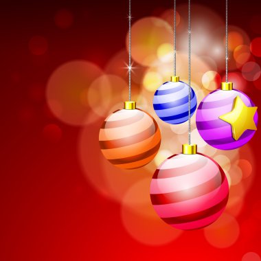 Noel topları merry christma için kırmızı bir arka plan üzerinde asılı stilize