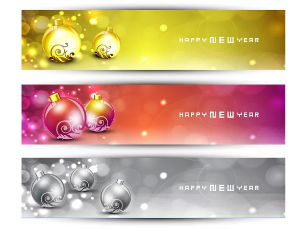Website headers or banners with decorative Xmas balls on snow fl — Stock Vector