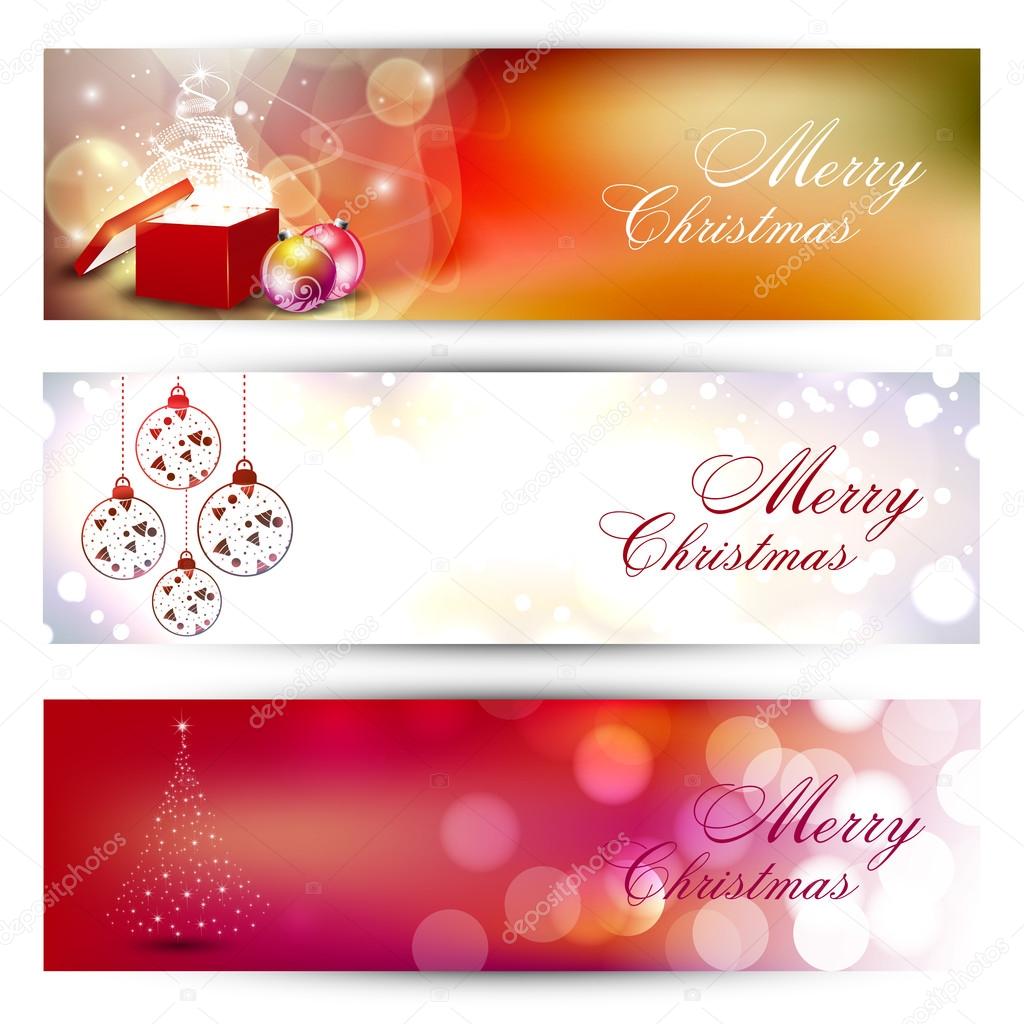 Website header or banner set with decorative Xmas balls, gifts b