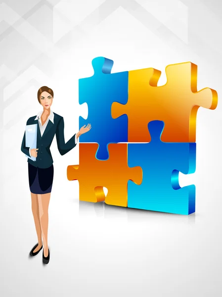 Firmy kobieta na tle puzzle biznes rozwiązany. 3D busin — Wektor stockowy