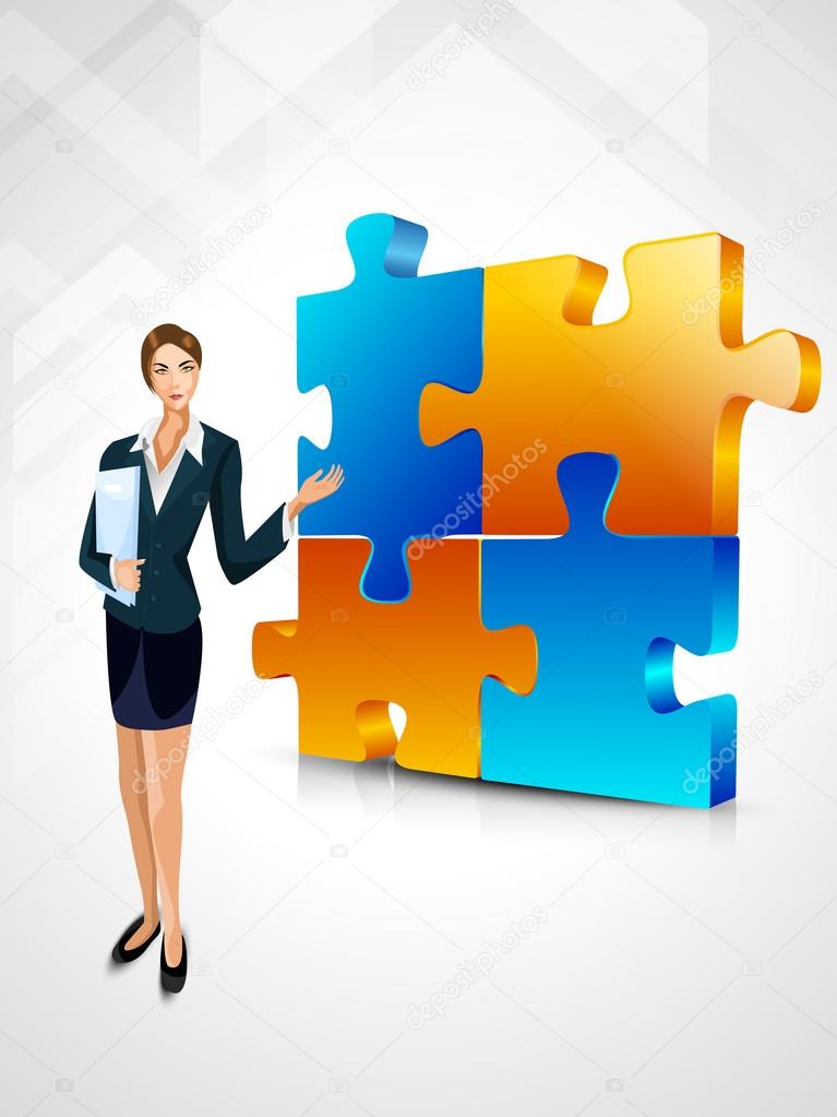 Corporate woman on a solved business puzzle background. 3D busin