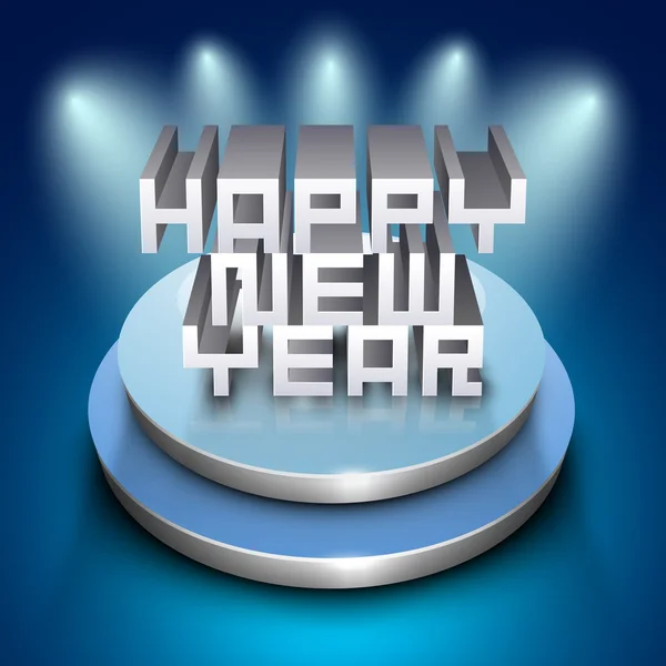 3D Happy New Year text on stage on shiny blue background. EPS 10 — Stock Vector
