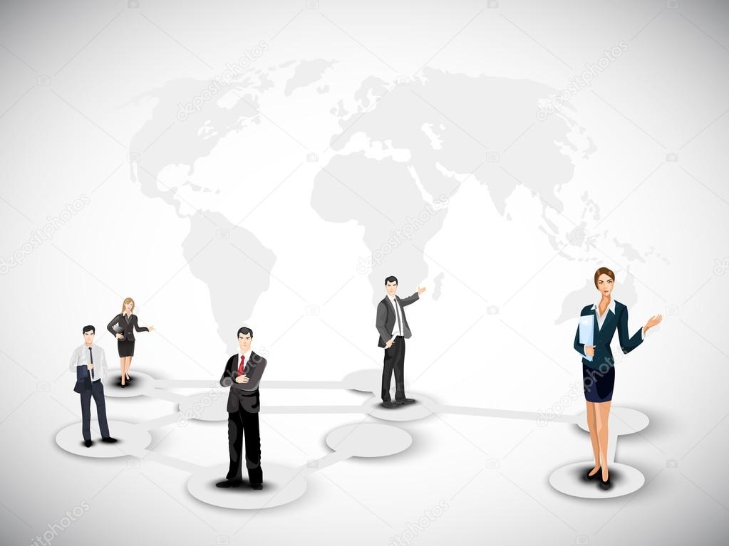 Business persons on abstract world map background. EPS 10.