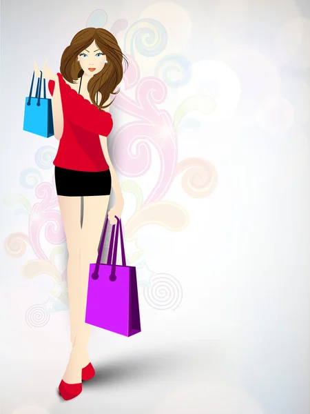 Stylish young girl carrying shopping bags on floral background. — Stock Vector