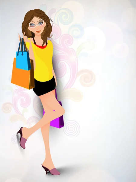 Stylisches junges Mädchen trägt Einkaufstaschen auf floralem Hintergrund. — Stockvektor