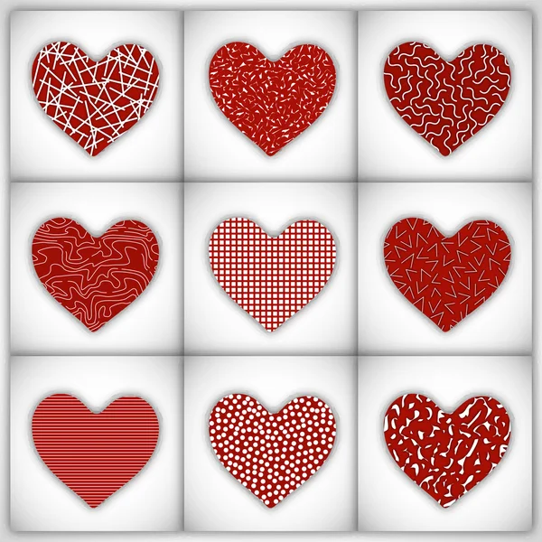 Love background with different styles decorated hearts set on gr — Stock Vector