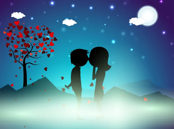 Saint Valentin hiver fond de nuit avec arbre d'amour et c mignon — Image vectorielle