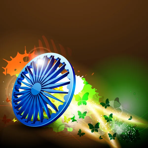 Indian flag color creative wave background with 3D Asoka wheel. — Stock Vector