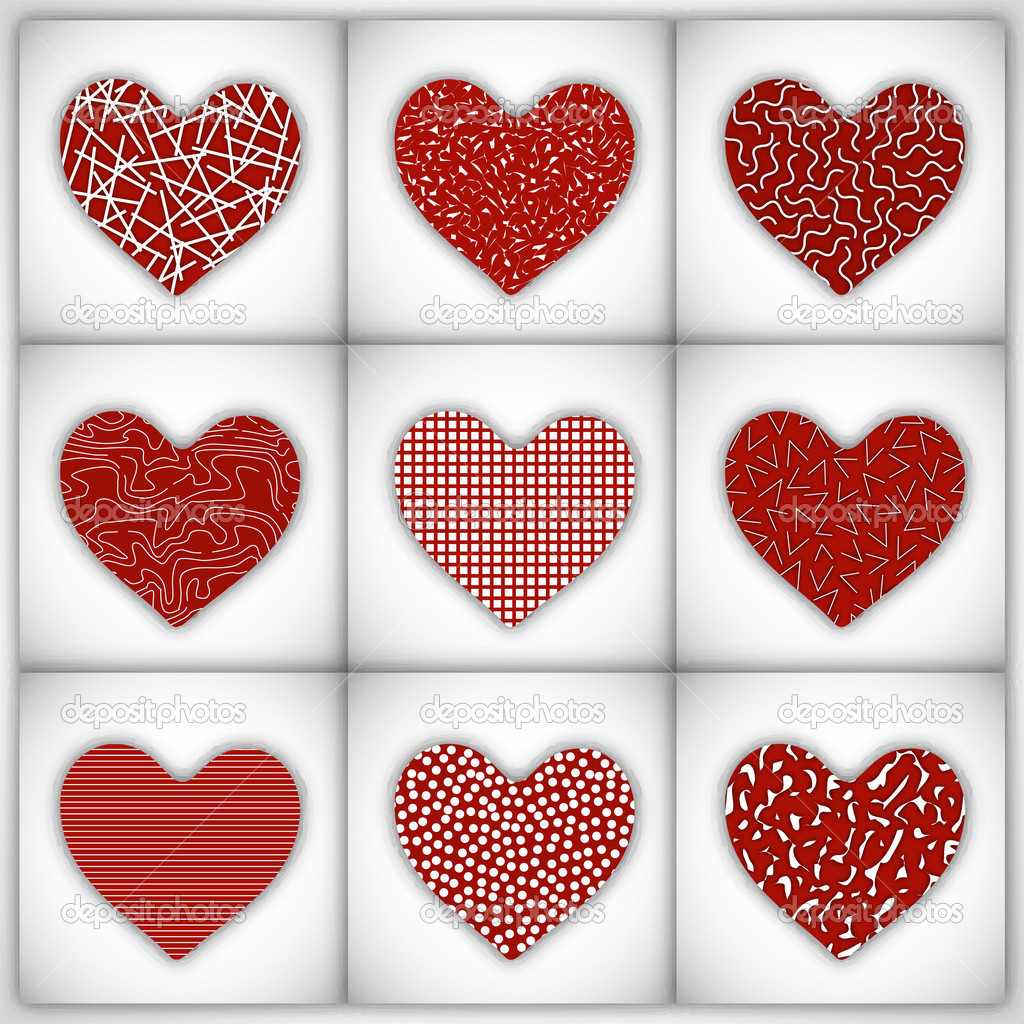 Love background with different styles decorated hearts set on gr