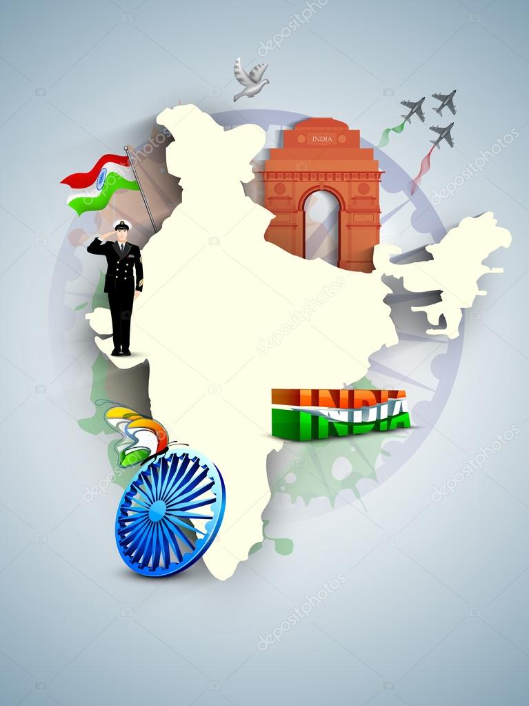 India map with India Gate, Asoka wheel. EPS 10.