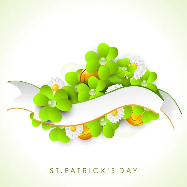 Irish four leaf lucky clovers background with ribbon for Happy S — Stock Vector