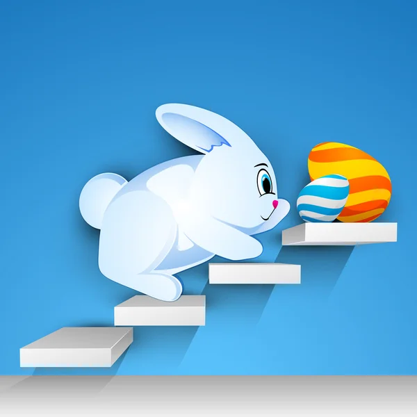 Coniglio pasquale con belle uova di Pasqua dipinte sulle scale, Happ — Vettoriale Stock