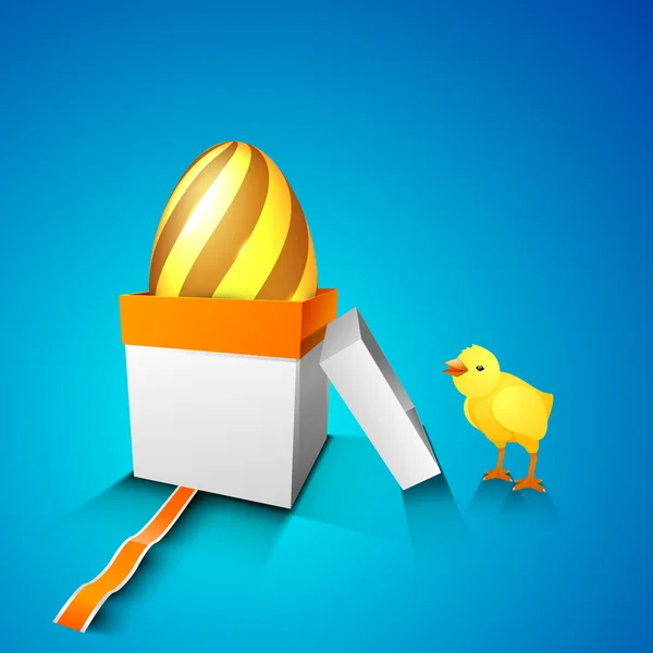 Piccolo pulcino pasquale con uovo di Pasqua dorato in confezione regalo su b blu — Vettoriale Stock
