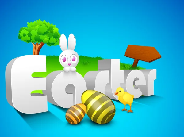 与可爱的小兔子，画鸡蛋，小鸡复活节背景 — 图库矢量图片