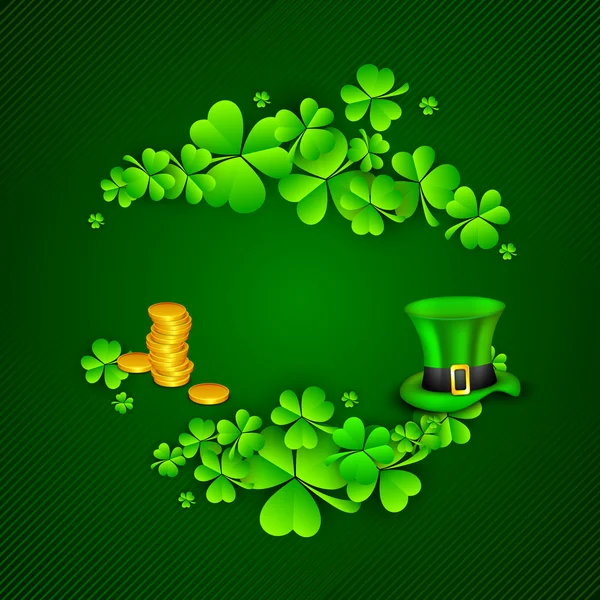 Irish four leaf lucky clovers, golden coins and leprechaun hat b — Stock Vector