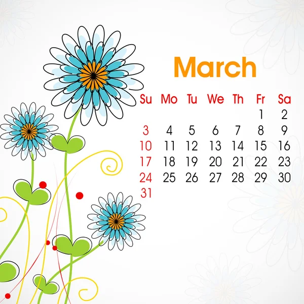 Floral decorated, March month calender 2013. EPS 10. — Stock Vector