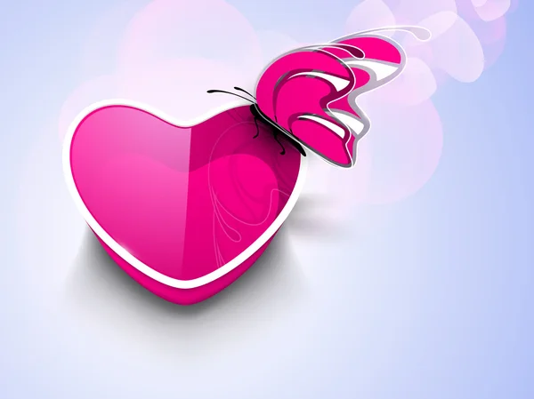 Bella farfalla rosa sul cuore rosa lucido, San Valentino — Vettoriale Stock