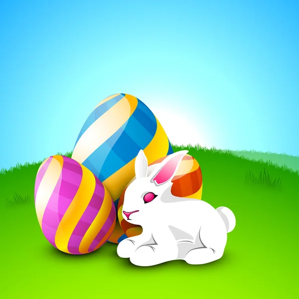 Petit lapin de Pâques mignon avec des œufs peints sur fond de nature — Image vectorielle