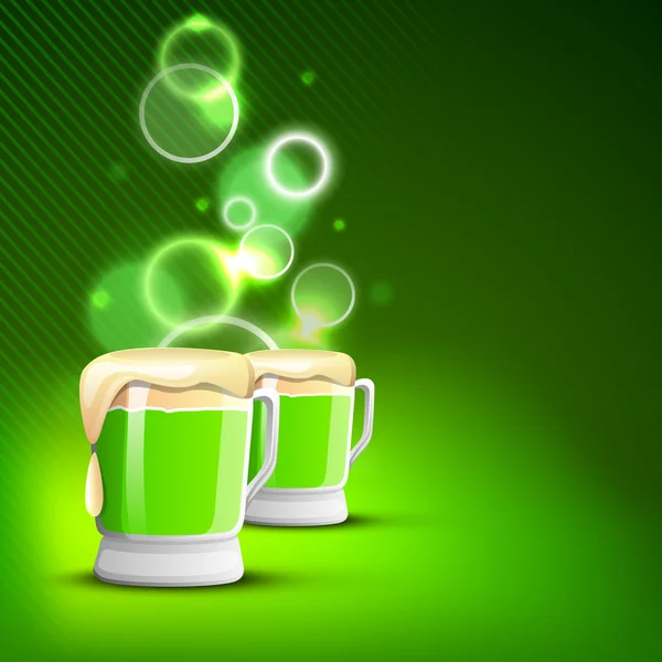 Saint Patrick's Day shiny green background with beer mugs. — Stock Vector