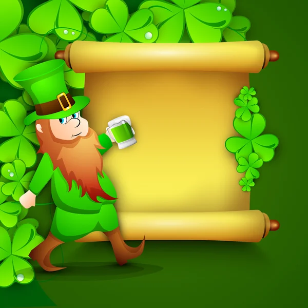 Saint Patrick's Day concept with happy leprechaun drinking green — Stock Vector