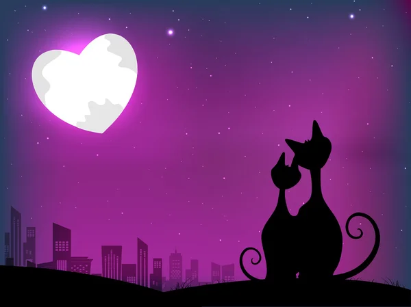 Katter i kärlek på månens ljus natt bakgrund. — Stock vektor