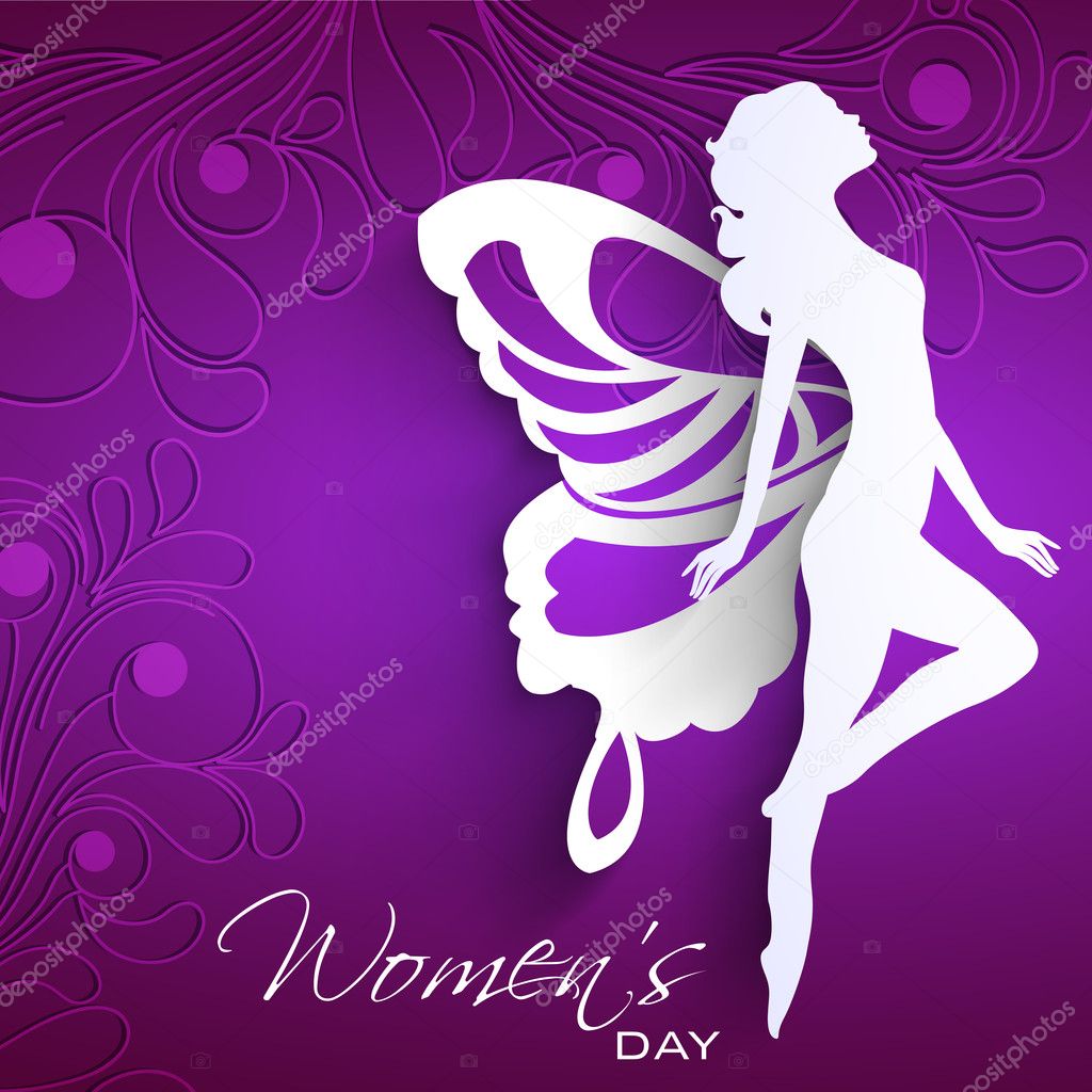 Happy Women's Day greeting card or background with white silhoue