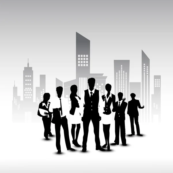 Silhouette of business persons on abstract urban city background. EPS 10. — Stock Vector