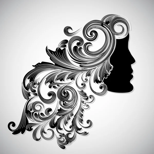 Silhouette of a beautiful girl with floral decorated hairs for H — Stock Vector