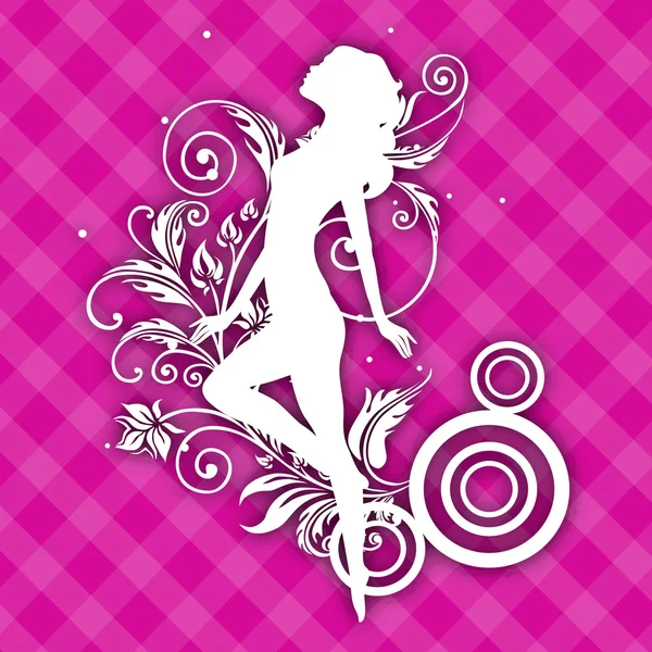 White silhouette of a happy girl on floral decorated pink backgr — Stock Vector