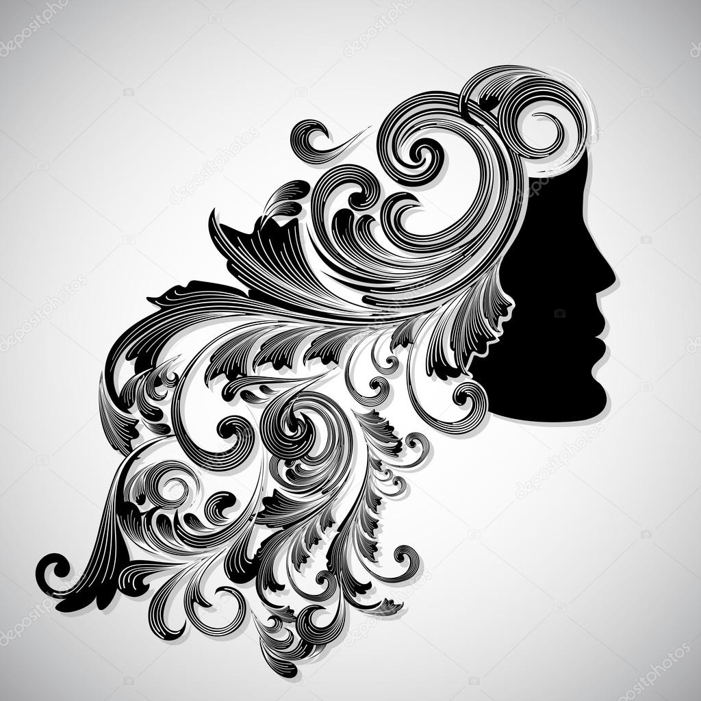 Silhouette of a beautiful girl with floral decorated hairs for H