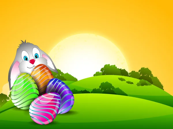 Happy easter achtergrond met beschilderde kleurrijke eieren en bunny op — Stockvector