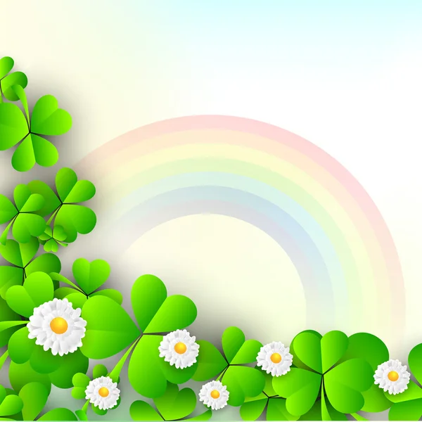 İrlandalı shamrock yaprak ve çiçek mutlu için rainbow zemin üzerine — Stok Vektör
