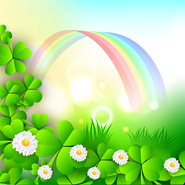 Foglie di trifoglio irlandese e fiori su sfondo arcobaleno per Happ — Vettoriale Stock