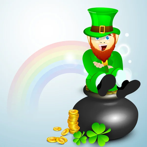 Saint Patrick's Day concept with happy leprechaun, gold coins po — Stock Vector
