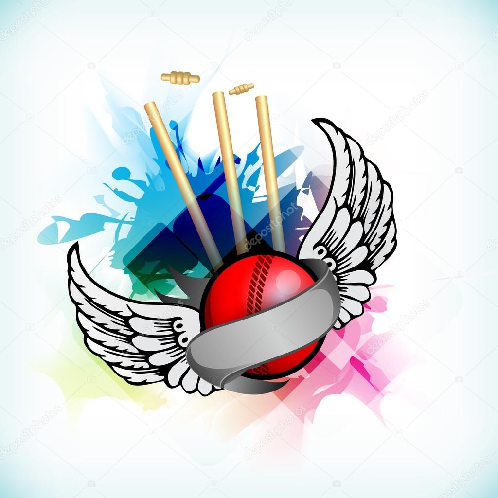 Shiny cricket ball with wings and wicket stumps on colorful grun