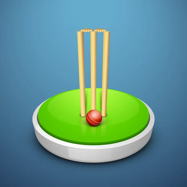 Cricket ball and wicket stumps with stage of field on blue backg
