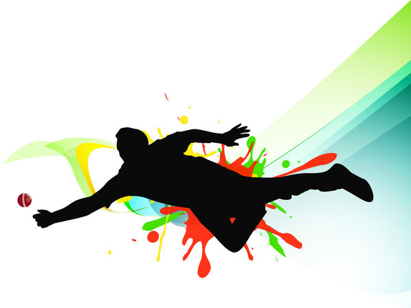 Silhouette of cricket player trying to catch the ball on abstrac