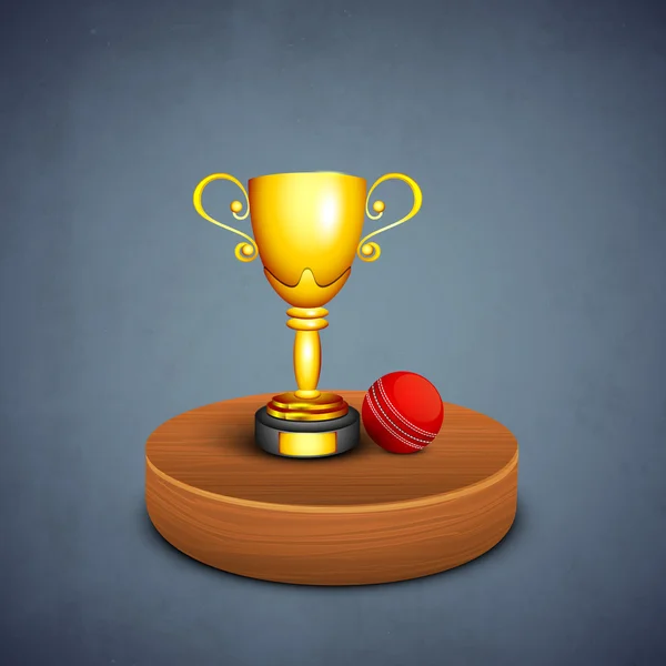 Winning golden cup with cricket ball on stage, sports concept.