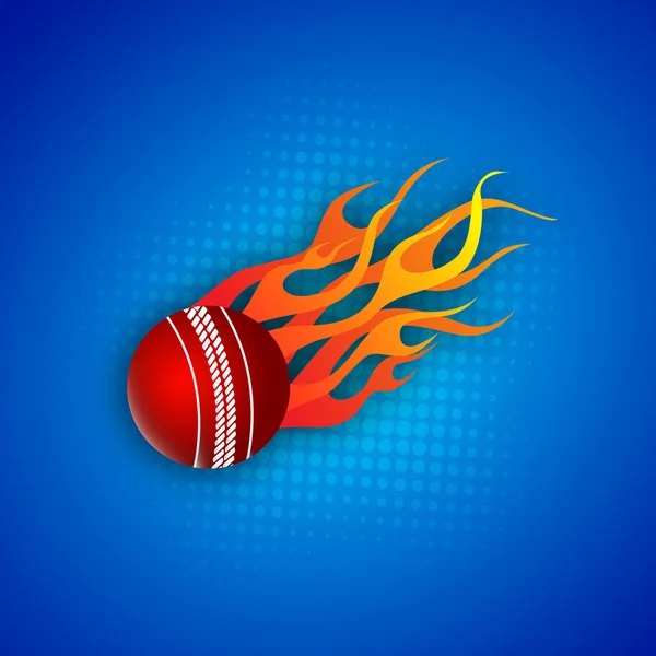 Cricket boll i brand på abstrakt blå bakgrund. — Stock vektor