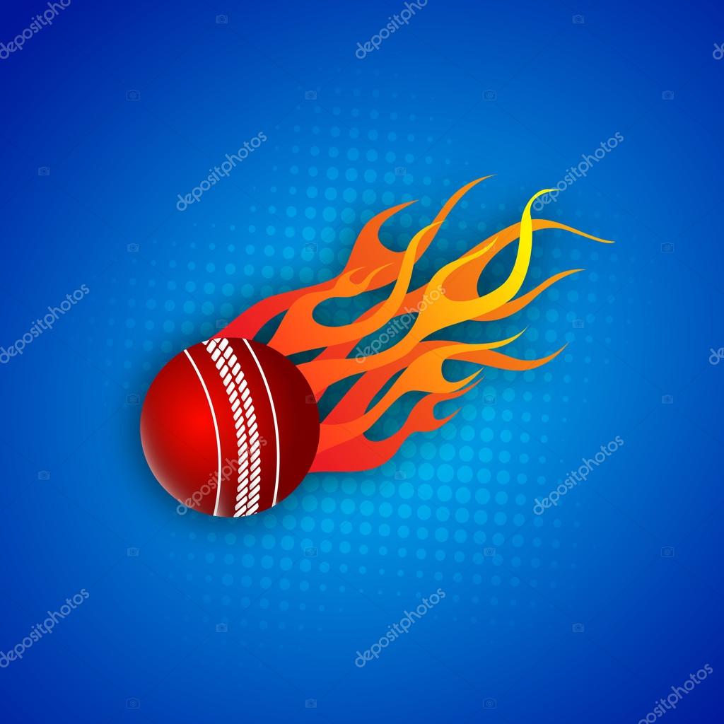 Cricket ball in fire on abstract blue background. — Stock Vector