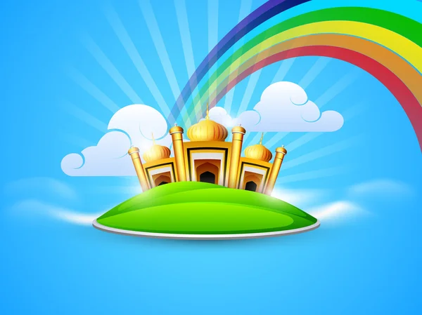 Golden Mosque and Masjid in the sky on rainbow and clouds backgr — Stock Vector